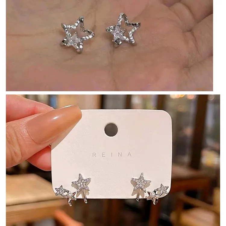 合金耳饰 百搭小众镂空星星耳钉精致锆石五角星耳钉ins镶钻设计感