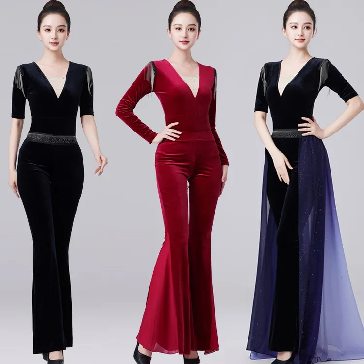 显瘦形体服丝绒长袖流苏2025年新款秋冬时尚高端形体导师走秀女