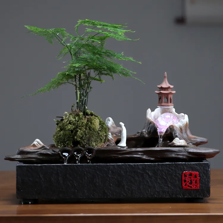 创意新中式客厅茶台流水招财摆件循环水办公室装饰玄关桌面加湿器