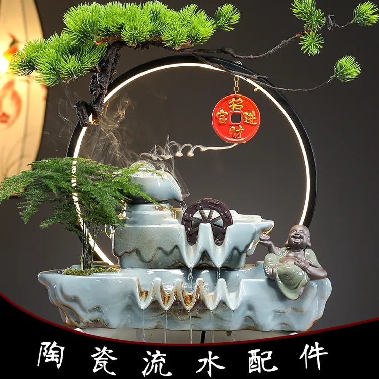 古法养鱼缸造景装饰流水摆件循环水陶瓷自动过滤流水配件客厅室内