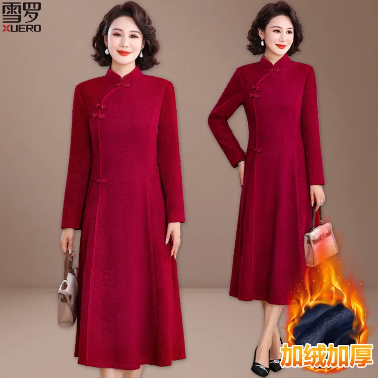 妈妈冬装加绒加厚连衣裙中老年女士秋冬喜婆婆婚宴装改良旗袍裙子