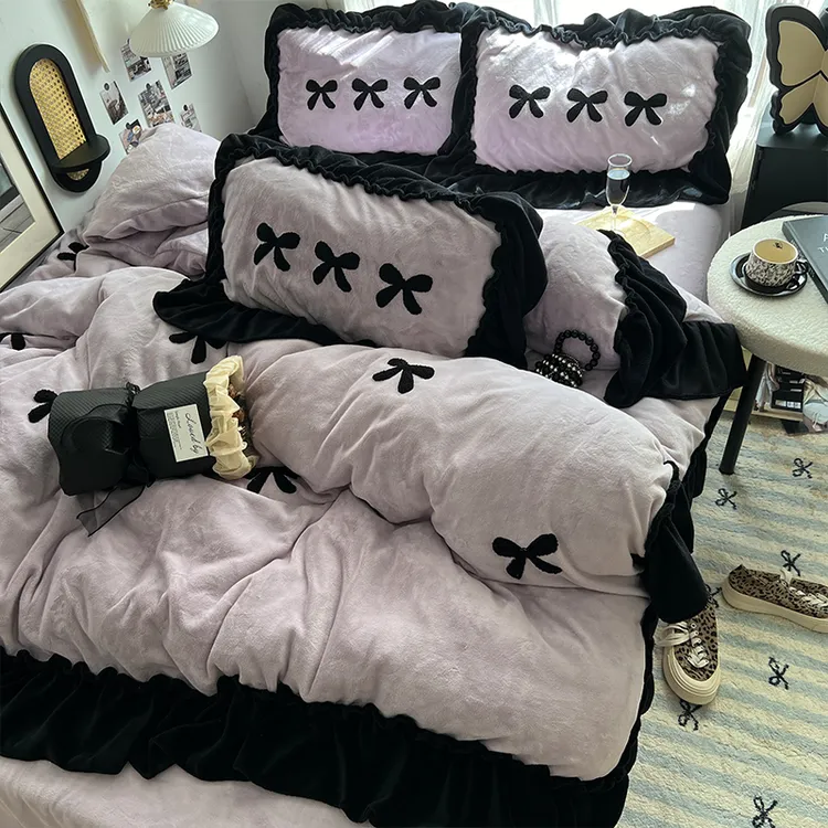 母婴A类-法式赫本花边牛奶绒四件套网红保暖公主风单人宿舍三件套