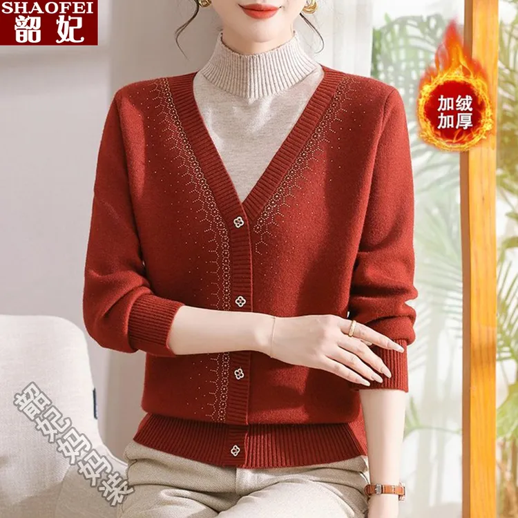 妈妈装秋冬加绒加厚毛衣洋气假两件一体绒保暖上衣中老年女打底衫