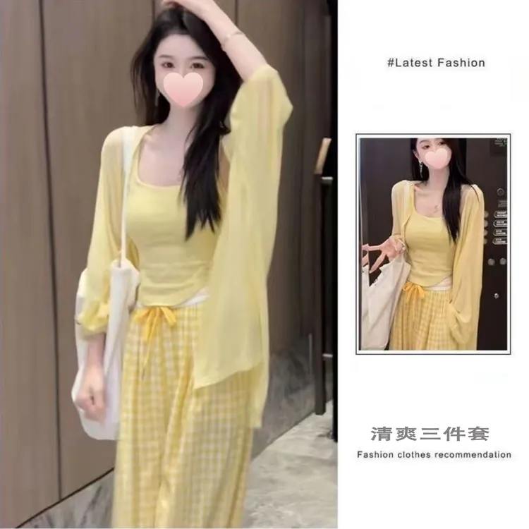 时尚慵懒辣妹风防晒开衫吊带阔腿裤子三件套装高腰夏妗女显瘦套装