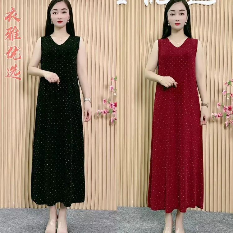 芙号旗舰-新品冰凉丝重工烫钻无袖背心连衣裙