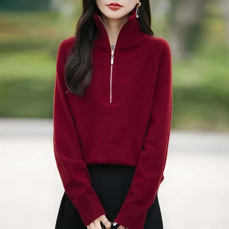 针织衫半拉链舒适纯色时尚显瘦简约打底休闲气质洋气红色半高领
