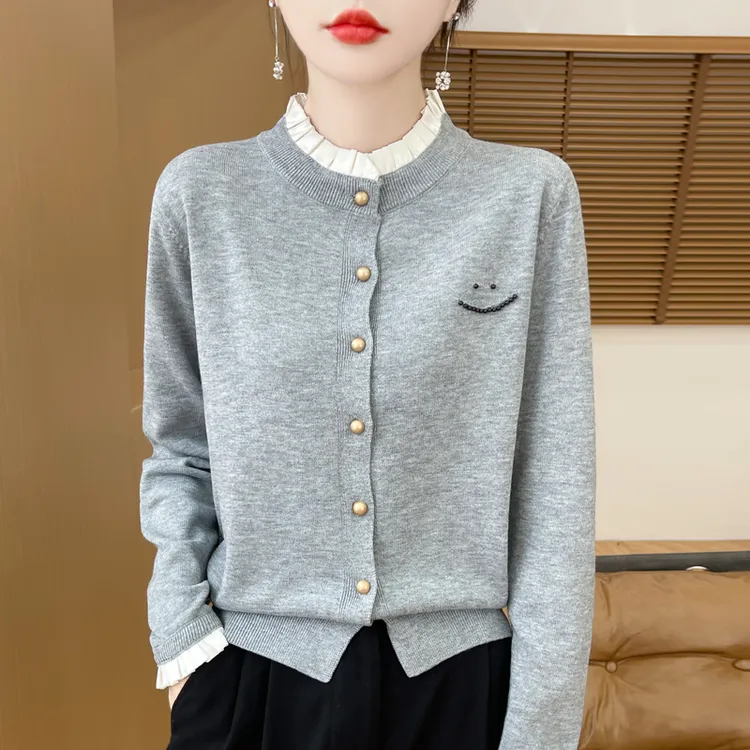 小香风花边领针织开衫外套拼领进金扣开衫短款时尚百搭宽松显瘦