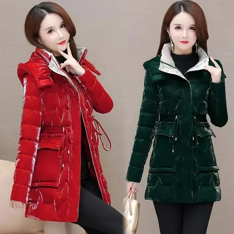 高档珠光亮面免洗棉服女中长款冬季外套女中老年妈妈加厚保暖棉袄