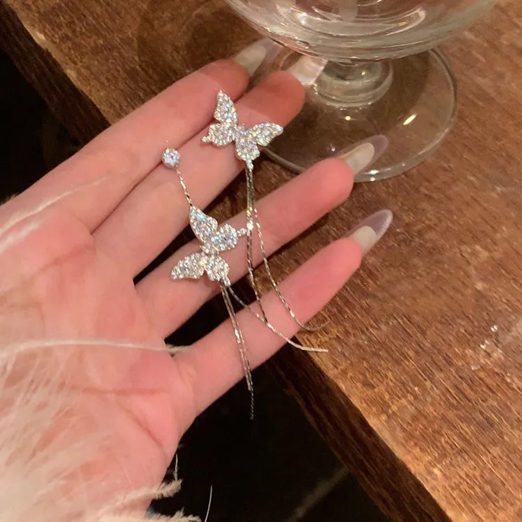超闪不对称蝴蝶流苏耳环显脸瘦气质耳饰轻奢小众设计高级感耳钉潮