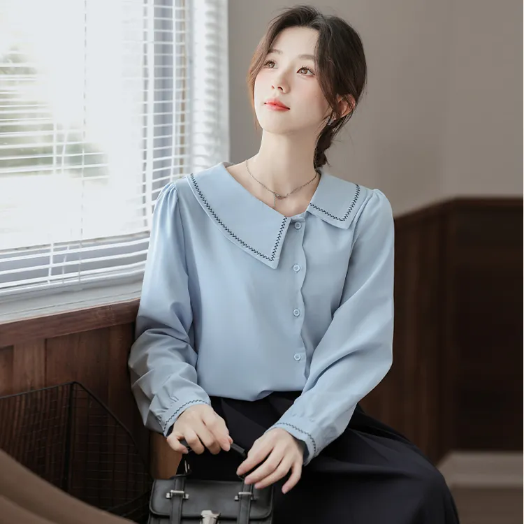 帛卡琪2024春秋新款法式小众长袖衬衫女宽松不对称百搭衬衫上衣潮