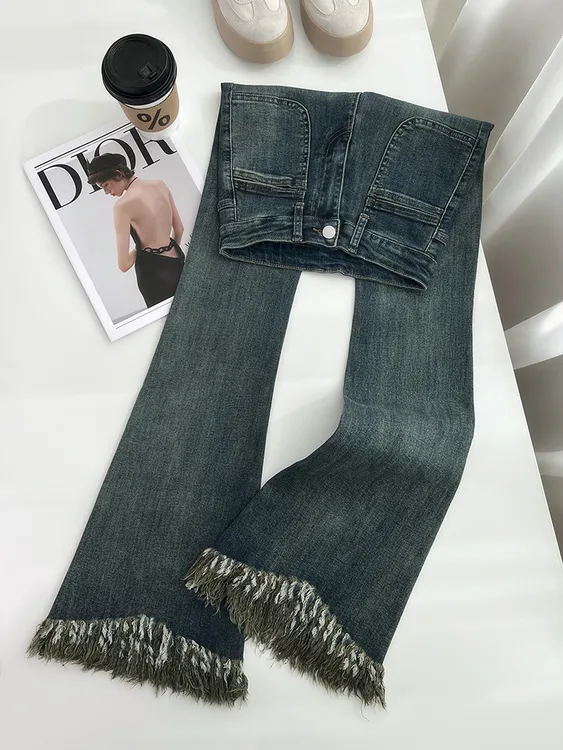 流苏毛边高腰微喇牛仔裤女2024春季新款流苏毛边长裤马蹄喇叭裤子