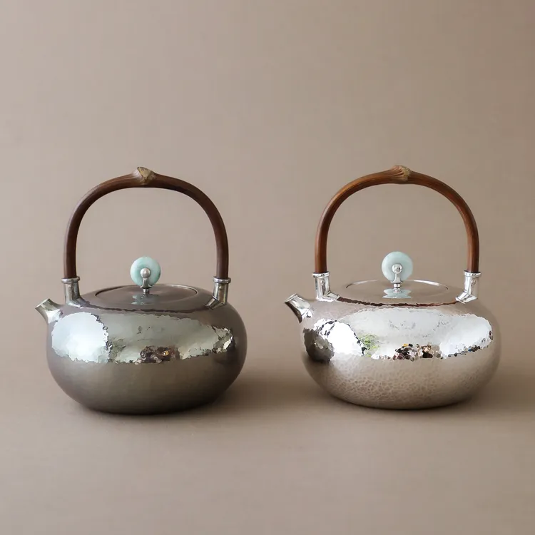 碧水藤提梁紫皮煮水银壶足银999纯手工锤纹日常480ml家用煮水