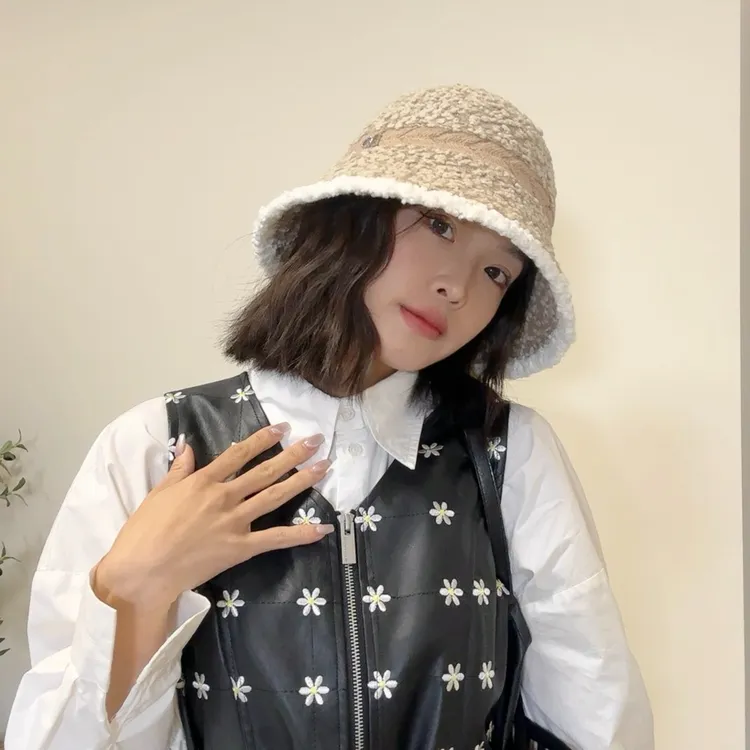 MHITC 小香风渔夫帽女宽檐水桶帽加厚百搭保暖颗粒绒时尚针织盆帽