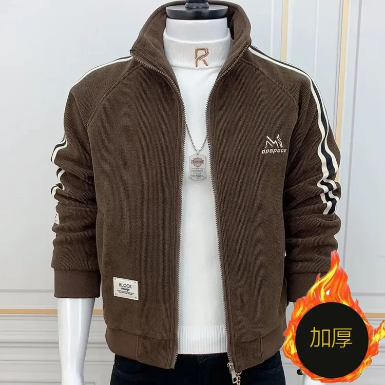 秋冬季灯芯绒加厚夹克立领刺绣高档外套2024男士新款青年帅气百搭