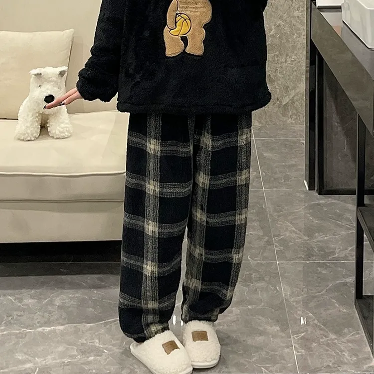 珊瑚绒睡裤女秋冬季加厚法兰绒暖暖裤大码长裤子格子保暖春居家裤
