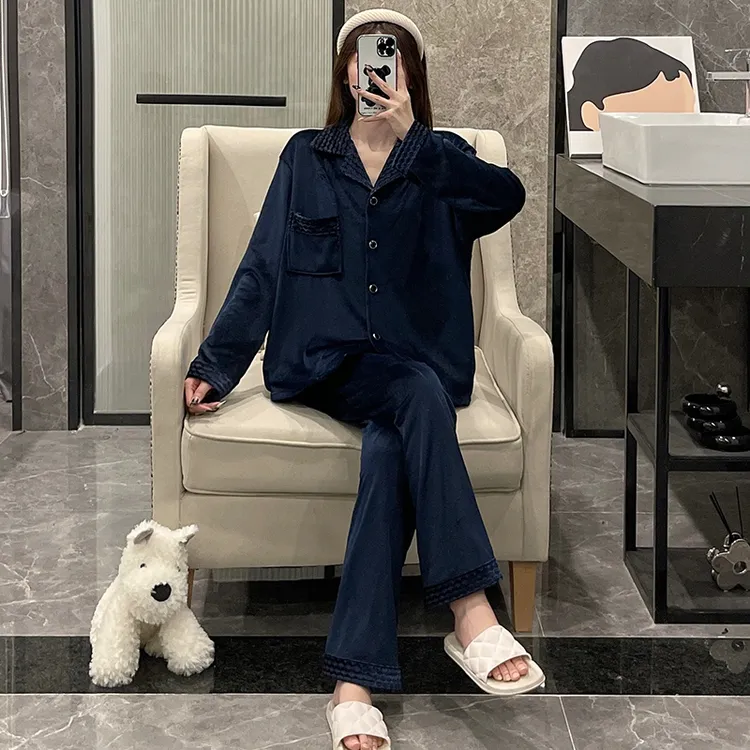 睡衣女秋冬季海岛绒加厚大码可外穿保暖珊瑚绒静谧蓝春家居服套装