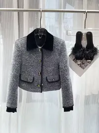 SR欧货冬款<加棉小香风拼接丝绒外套>高级感收身显瘦短款外套气质