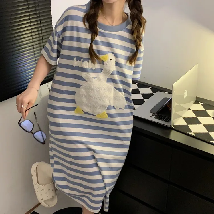 纯棉睡裙女夏季韩版ins风宽松条纹小白鹅中长款睡衣裙女大码卡通