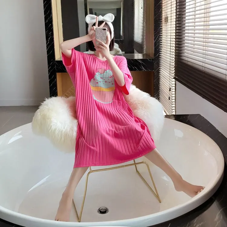 梦系纯棉睡裙女夏季宽松薄款甜美网红卡通圆领女睡衣连衣裙中长款