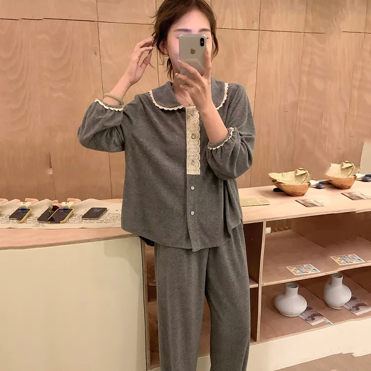 韩系ins风睡衣女棉春秋季甜美可爱长袖娃娃领女士家居服套装秋冬