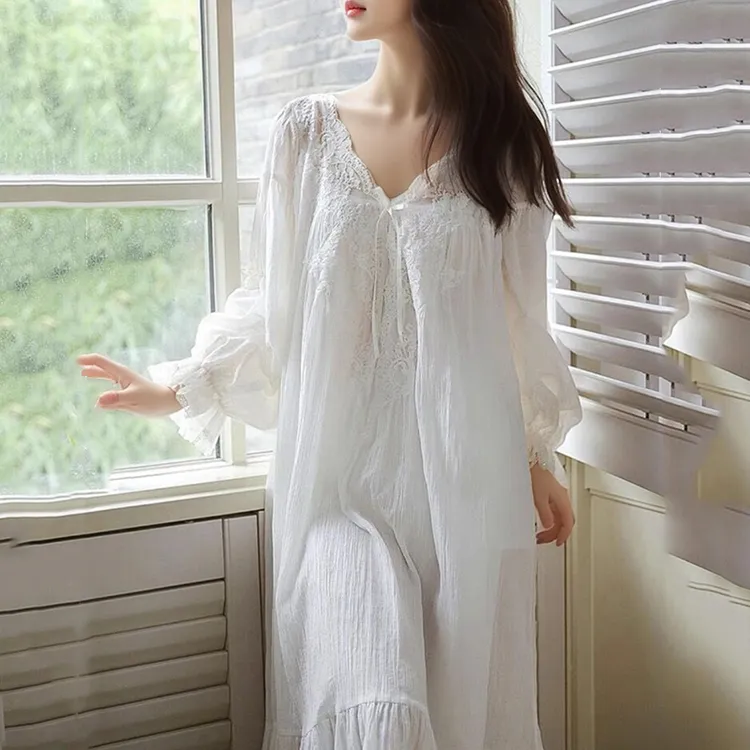 (美若天仙)(带胸垫)睡裙女纯棉春秋夏季宽松纯欲V领女家居服长裙