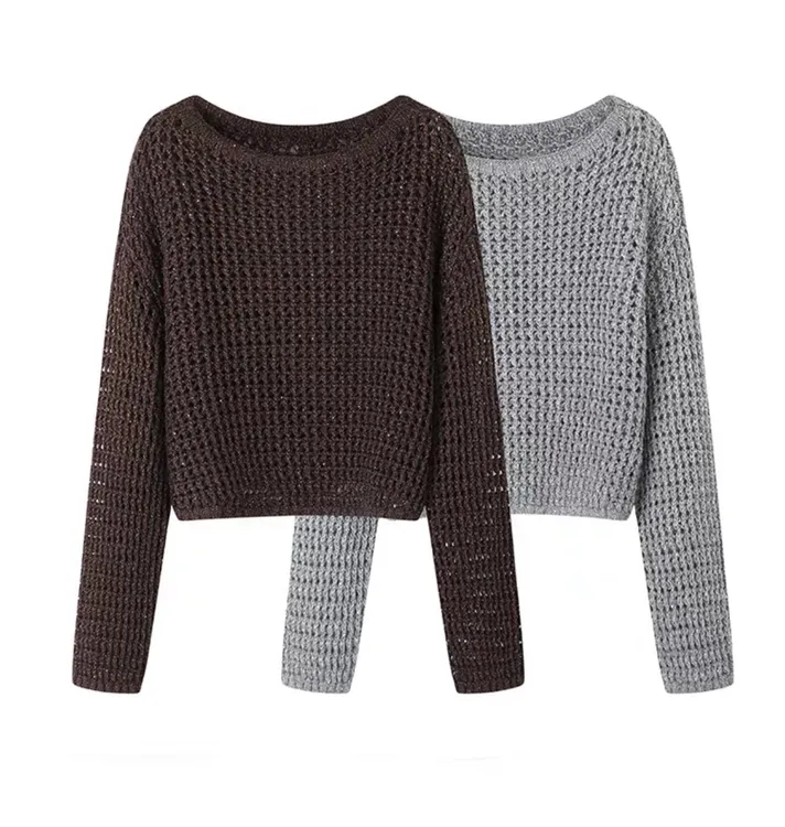 秋季新款气质宽松长袖短款镂空针织衫上衣女8047