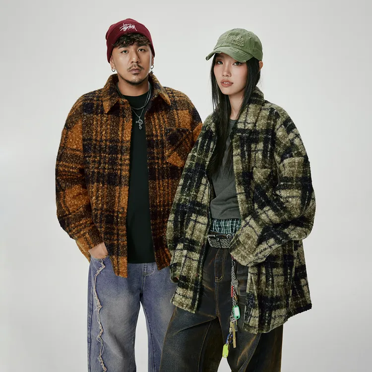 NMAX大码潮牌男装秋冬毛圈格子呢大衣加大绒感百搭衬衫外套ENN005