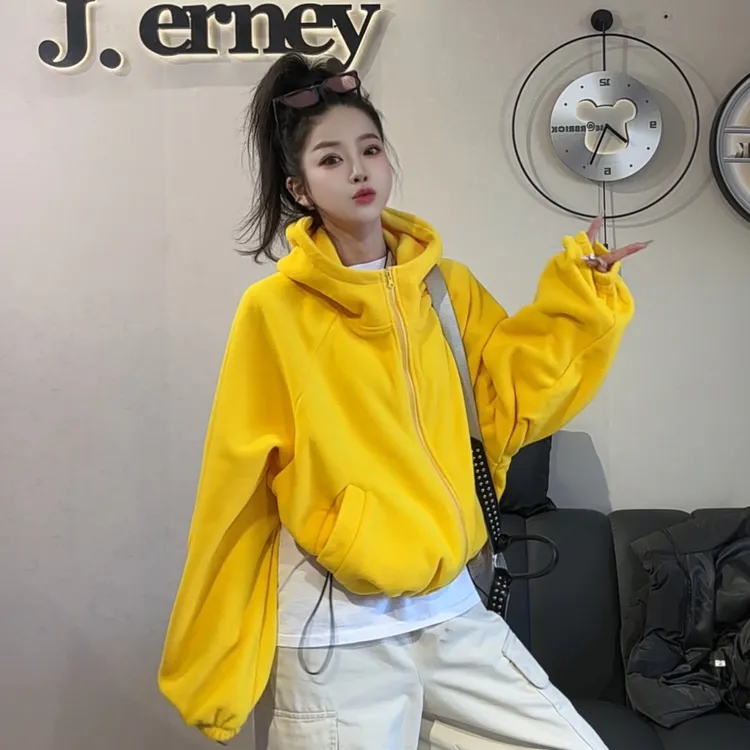 休闲连帽加绒女款新款秋款保暖加厚颗粒绒双层帽子外套百搭潮亮色