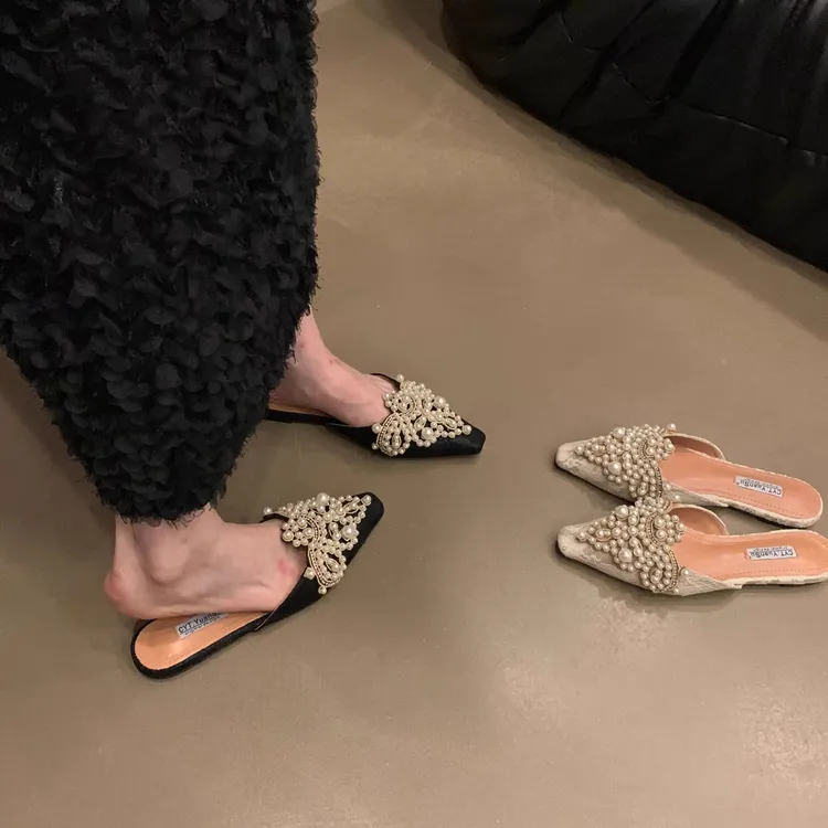 软皮气质国风包头半拖蕾丝平底尖头半拖鞋女夏季小香风珍珠懒人拖