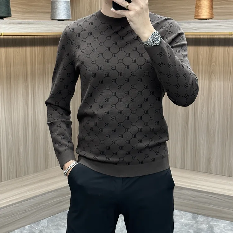 冬季男士高档提花针织长袖毛衣高级圆领商务休闲百搭潮流打底衫