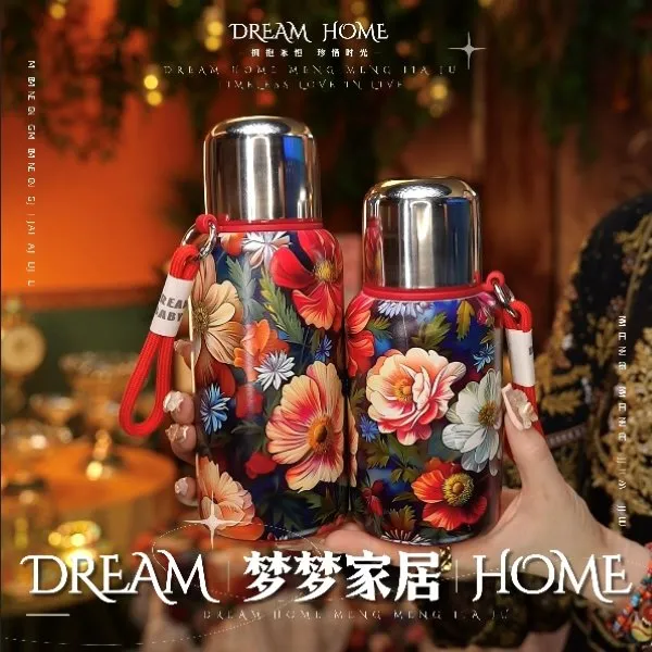 爆款彩绘芍药316不锈钢保温杯户外便携小巧复古花卉国风精致女士