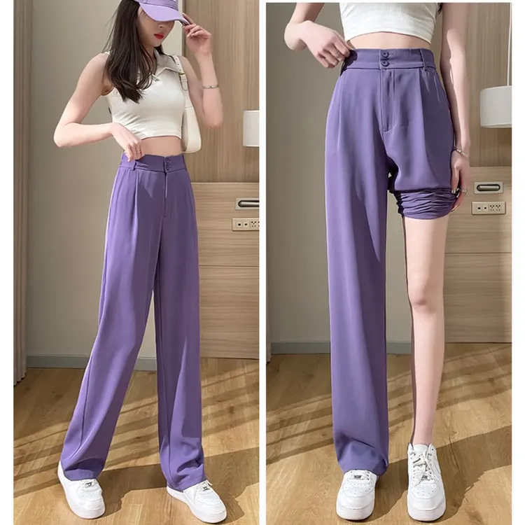 黛娇尔阔腿裤女高腰显瘦垂感时尚宽松裤子直筒拖地裤紫色休闲西裤