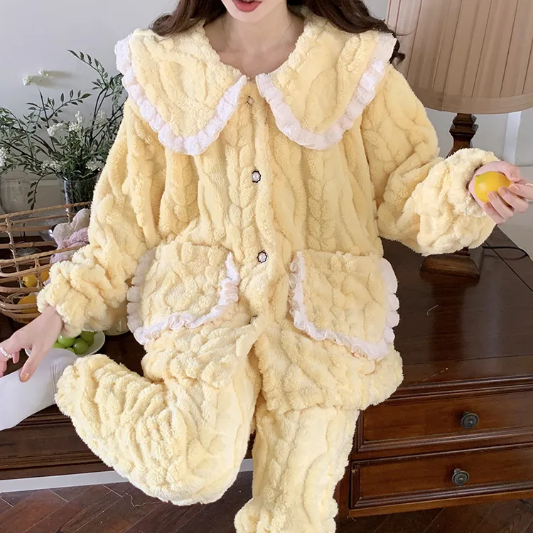 秋冬季甜美提花绒睡衣女纯色长袖长裤宽松大码休闲家居服可外穿
