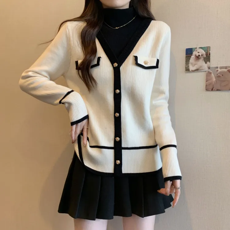 小香风假两件针织衫女秋冬半高领毛衣新款宽松大码时尚针织衫上衣