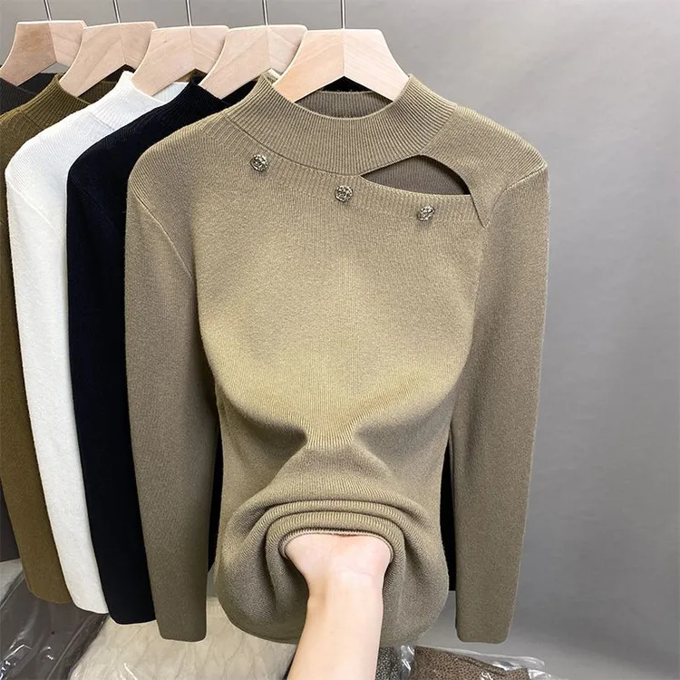 半高领设计感镂空针织衫毛衣女秋冬季百搭纽扣打底衫宽松大码上衣