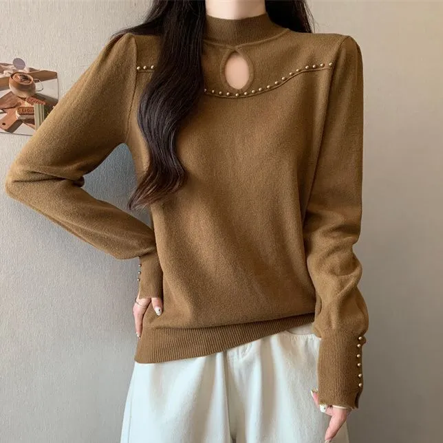 半高领洋气钉珠秋冬针织衫毛衣女设计感镂空打底衫宽松大码上衣潮