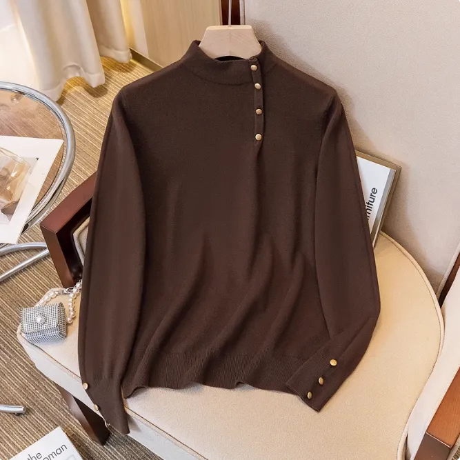 设计感不对称打底衫女秋冬毛衣宽松大码纽扣上衣半高领时尚针织衫