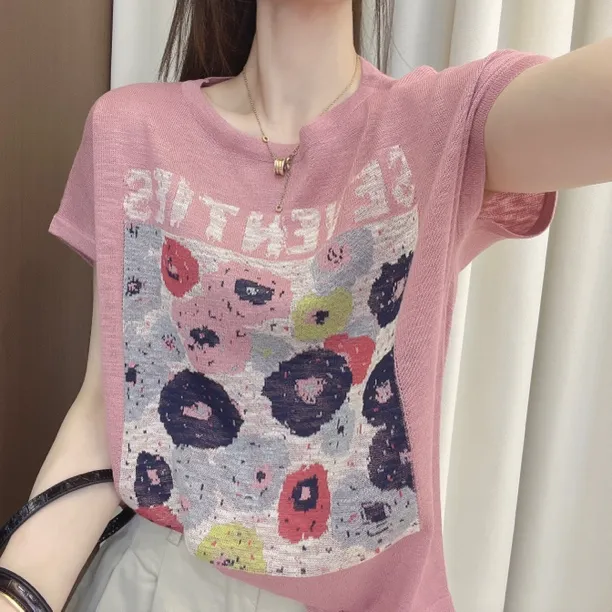 夏季薄款潮流印花冰丝短袖T恤女士宽松大码百搭撞色时尚个性上衣