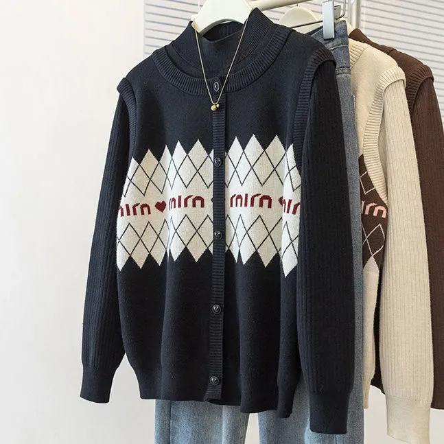 半高领女士秋冬毛衣假两件提花针织衫宽松大码洋气上衣百搭打底衫