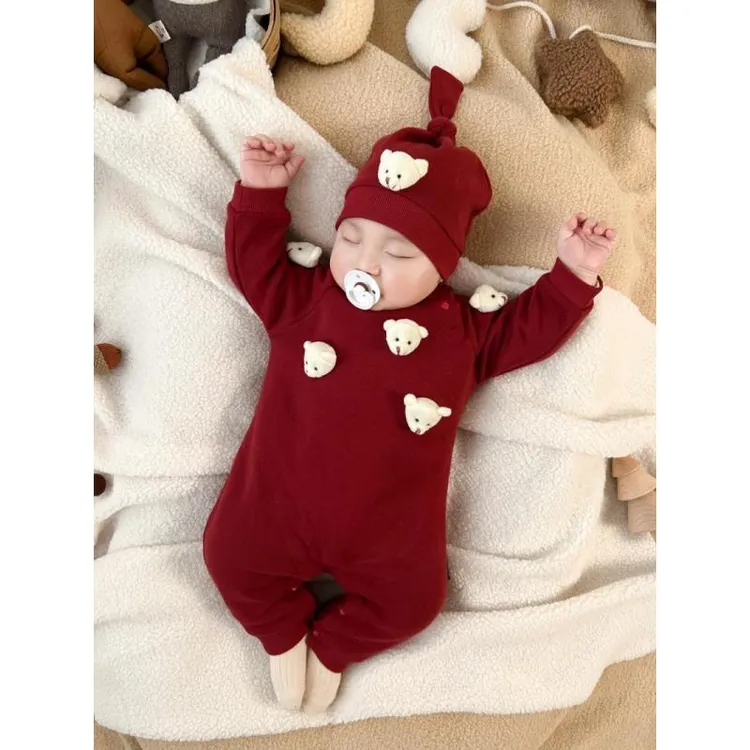 【今日送帽子】婴儿连体衣加绒小熊宝宝爬爬服秋冬新生儿满月韩版