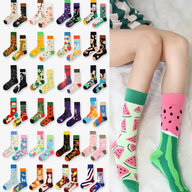 3双装原创AB不对称鸳鸯袜男女波点复古条纹黑白欧美潮流街头袜子