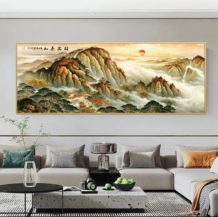 日出泰山新中式横幅晶瓷画装饰画客厅沙发背景挂画办公室字画挂墙