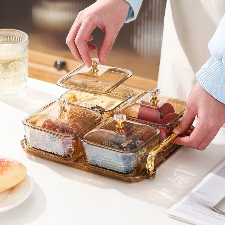 新款9件套小吃碟4分格零食盒网红轻奢家用创意简约欧式分格带盖