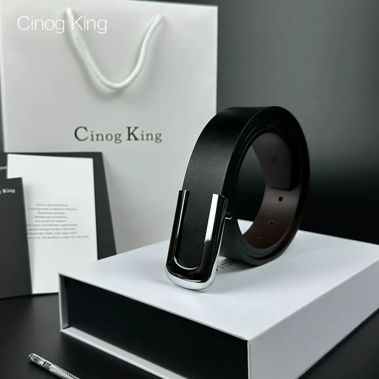 法国CinogKing男士皮带圆头简约真皮滑板扣商务欧美高档裤带腰带