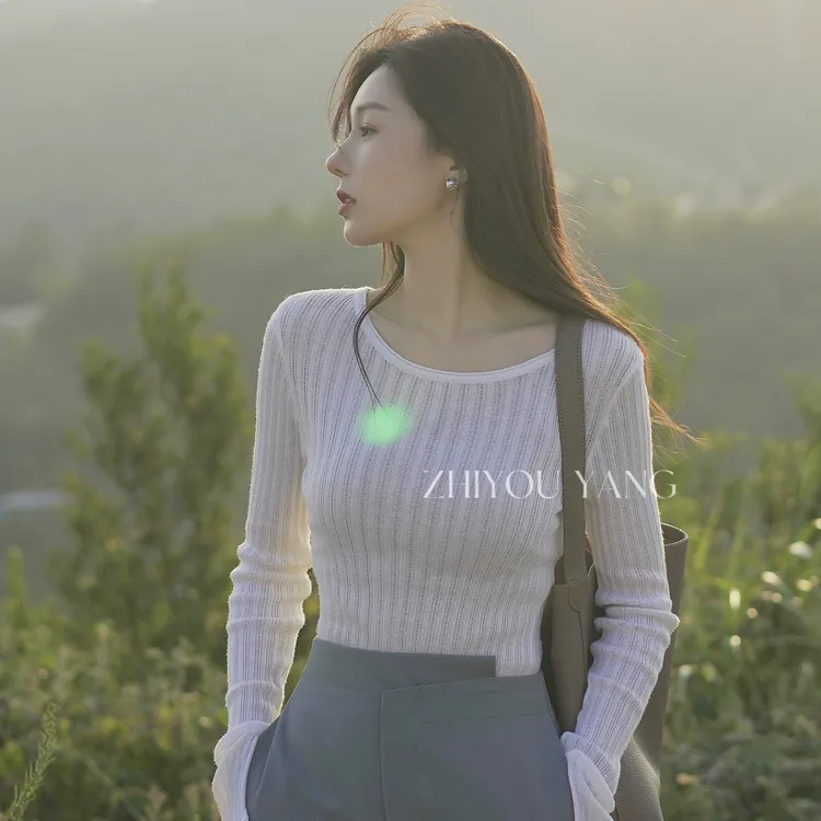 ZYY【初白】微透薄款显瘦针织衫 纸片人镂空提花针织上衣