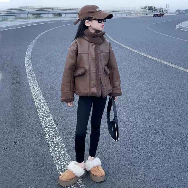 女童皮衣外套动静新款儿童羊羔绒皮毛一体加绒加厚潮酷夹克上衣潮