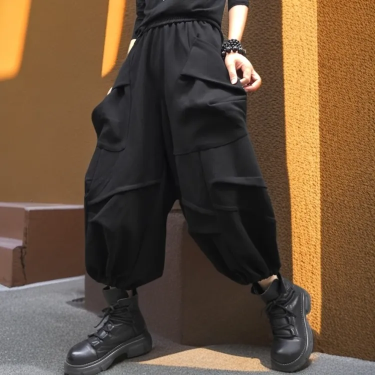 忆诺奇2024新款秋冬季个性口袋褶皱韩版大码百搭阔腿九分休闲裤女