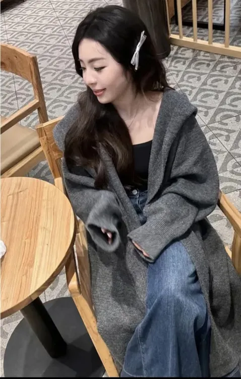 2024早秋新款慵懒风中长款针织开衫连帽百搭宽松显瘦毛衣外套女