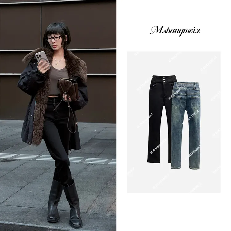 M.SHANGMEI.Z/沐熙【收腰弹力神裤】美大哥设计师加绒牛仔裤x0924