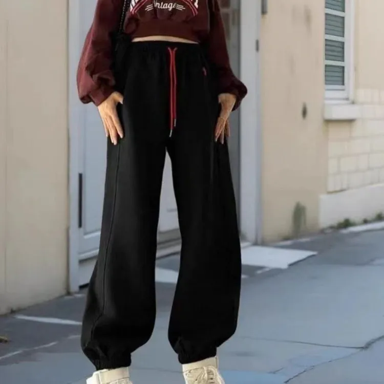 欧货束脚运动卫裤女加绒加厚新款韩系显瘦减龄松紧腰抽绳休闲裤子